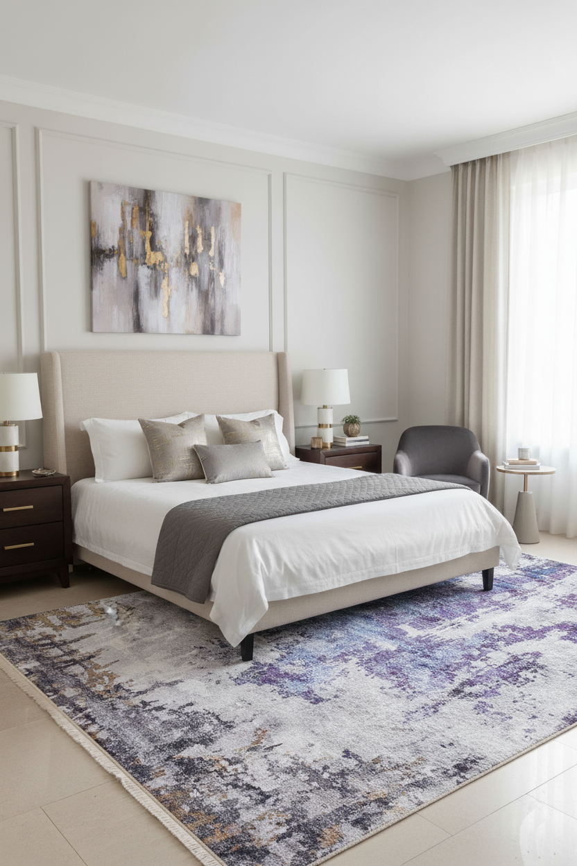 Mor ve Gri Soyut Sanat Halısı | Modern Geçişli Efektli Kilim