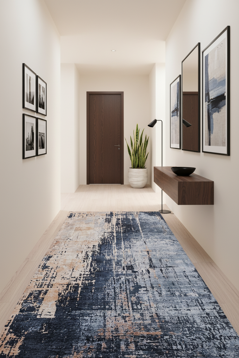 Mavi/Füme ve Bej Tonlarında Soyut Sanat Halısı | Modern Kontrast Efektli Kilim