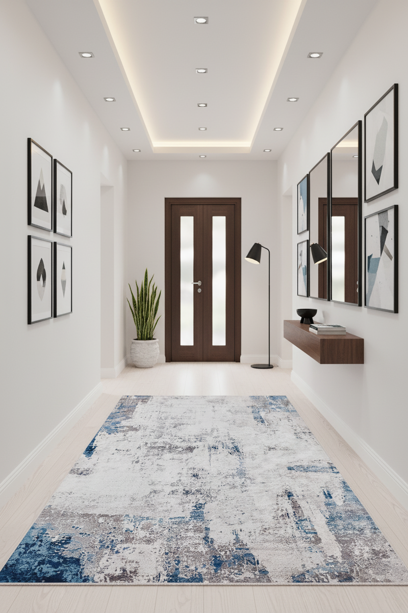 Beyaz, Mavi ve Gri Soyut Sanat Halısı | Modern Geçişli Efektli Kilim