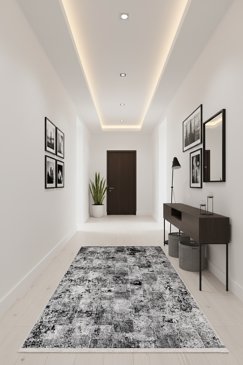 Siyah Beyaz Geçişli Soyut Halı | Modern Karo Efektli Tasarım Kilim