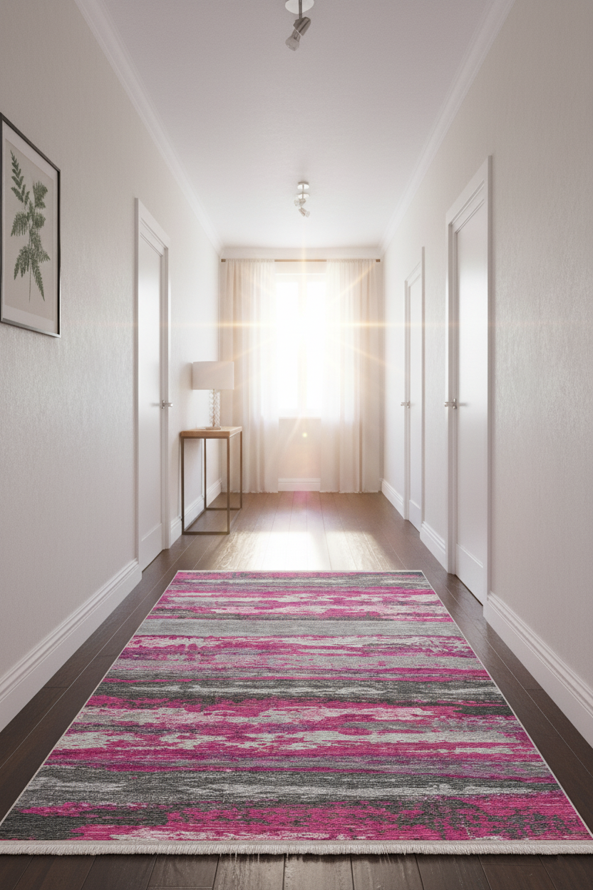Canlı Fuşya ve Gri Soyut Sanat Halısı | Modern Geçişli Tasarım Kilim