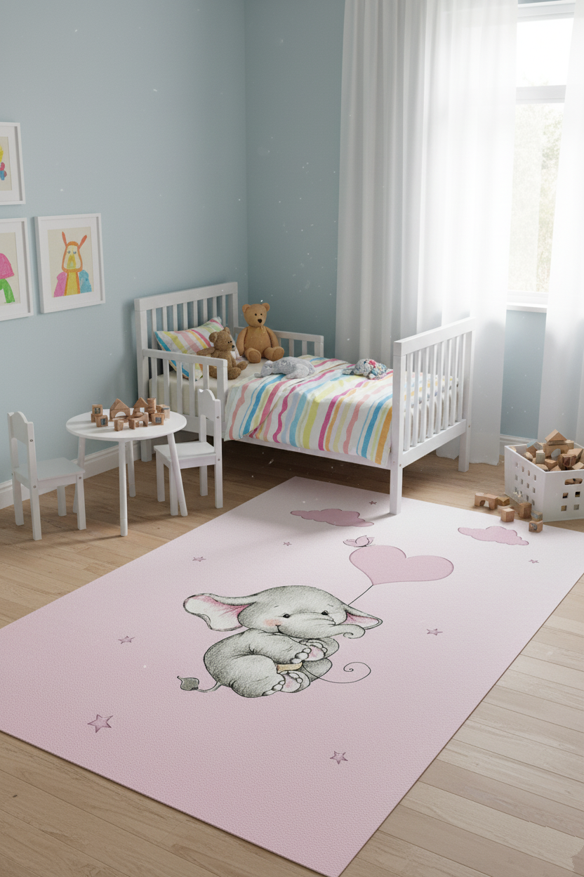 Kalpli Balonlu Fil Desenli Pembe Çocuk Halısı – Yıkanabilir