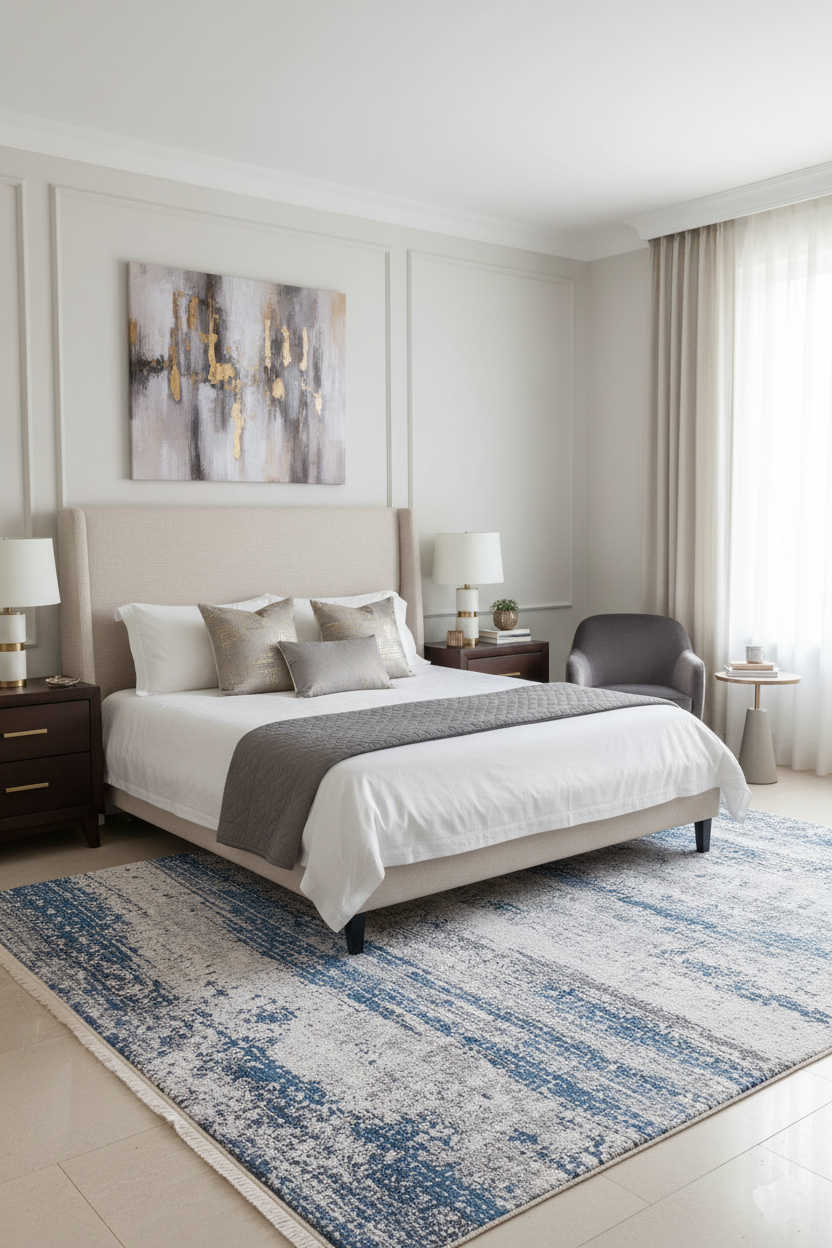 Mavi, Beyaz ve Gri Soyut Sanat Halısı | Geçişli Efektli Modern Kilim