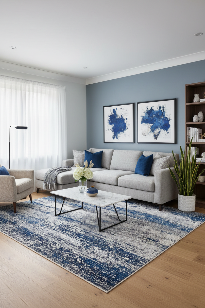 Mavi, Beyaz ve Gri Soyut Sanat Halısı | Geçişli Efektli Modern Kilim