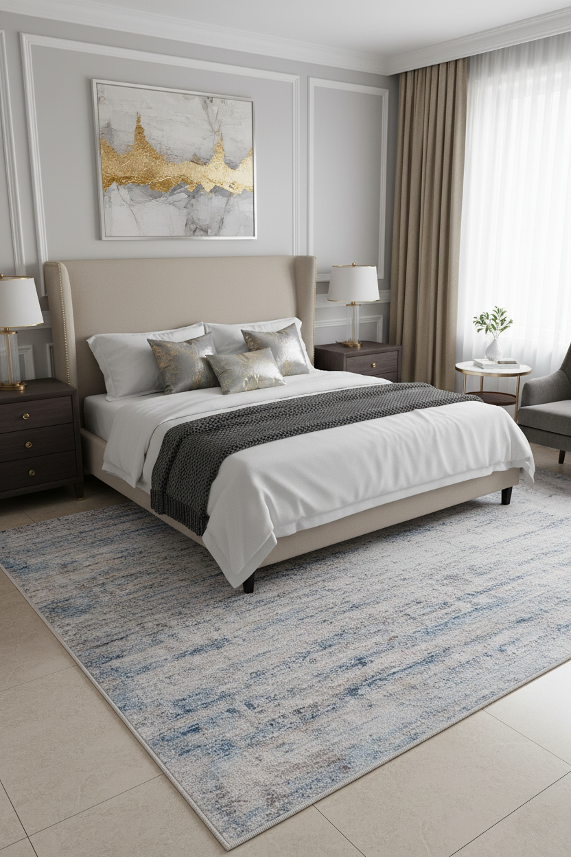 Gri, Bej ve Mavi Soyut Sanat Halısı | Modern Geçişli Efektli Kilim