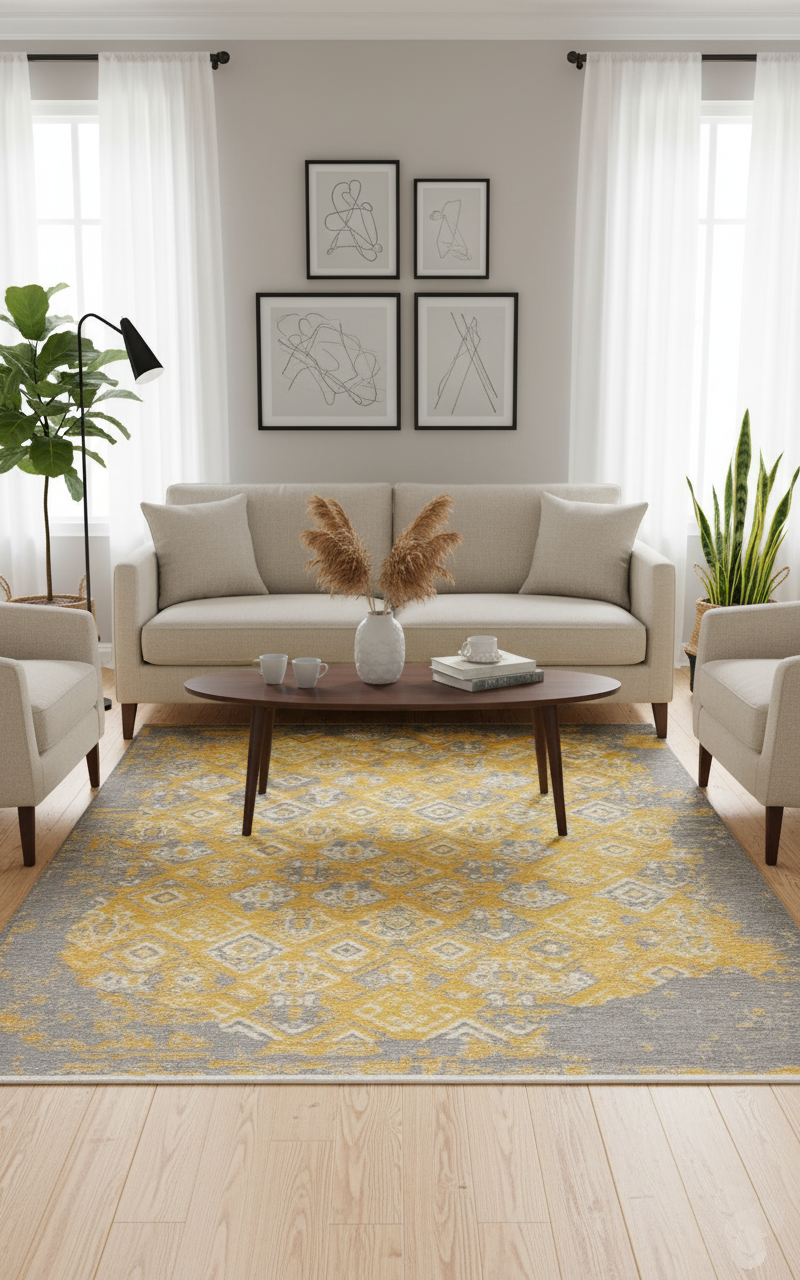 Gri Sarı Pamuk Polyester Çift Taraflı Modern Vintage Yıkanabilir Antibakteriyel Halı