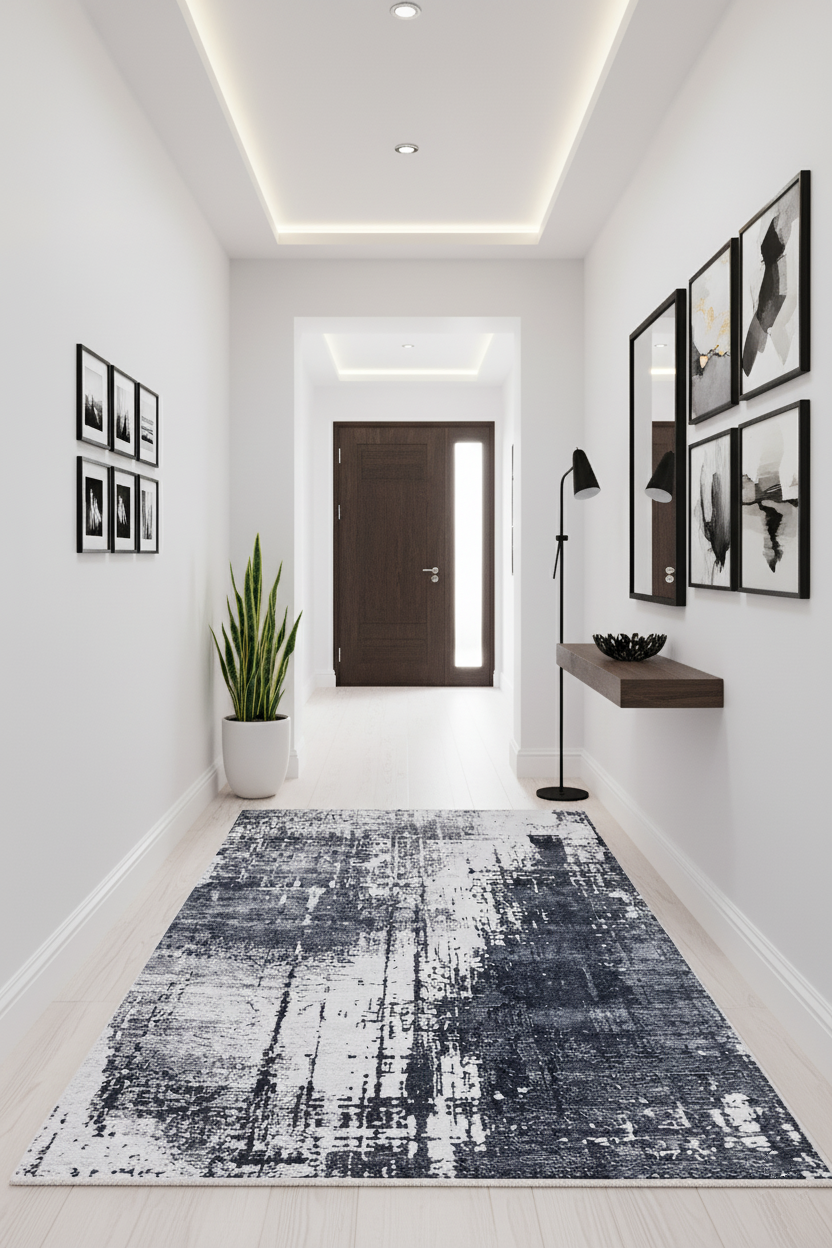 Siyah, Füme ve Beyaz Soyut Sanat Halısı | Modern Endüstriyel Efektli Kilim