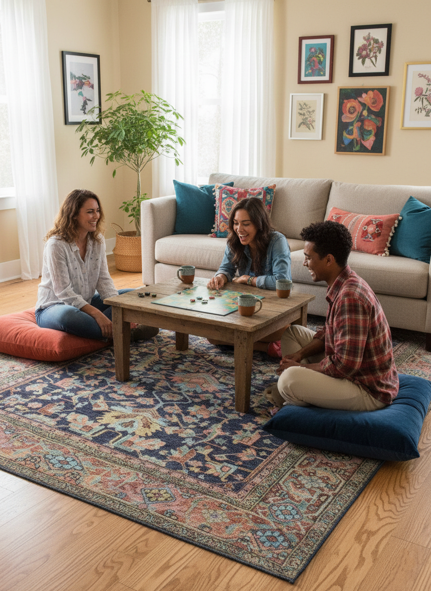 Lacivert ve Somon Çiçekli Vintage Türk Halısı