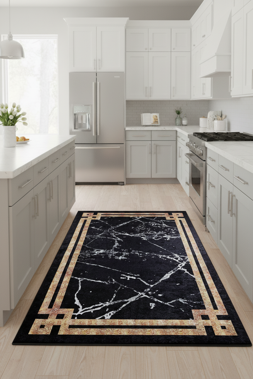 Black Marble Style Bordered Geometric Rug