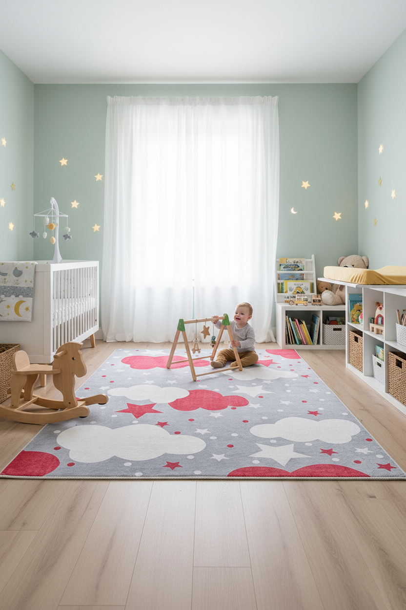 Cloud Star Gray Red Children's Carpet
