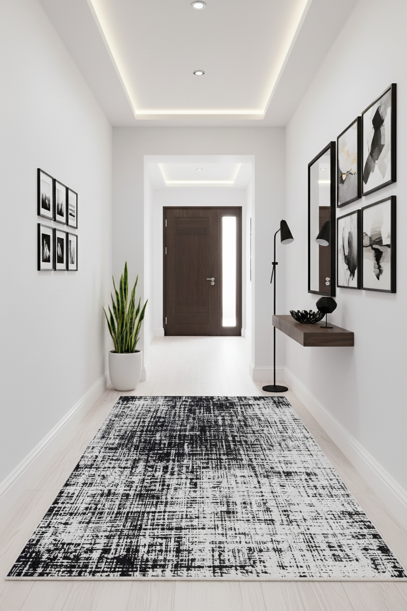 Siyah Beyaz Grafik Soyut Halı | Modern Çizgili Eskiz Efektli Kilim