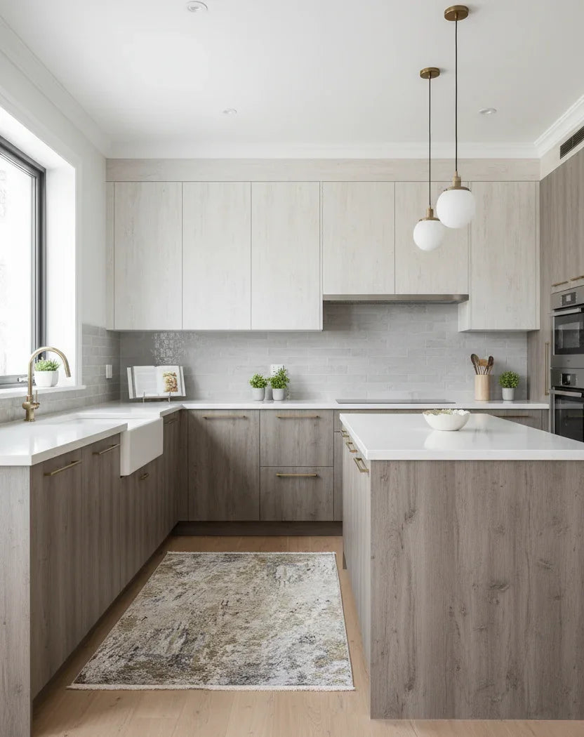 Bej, Altın ve Gri Tonlarda Modern Lüks Soyut Sanat Halısı