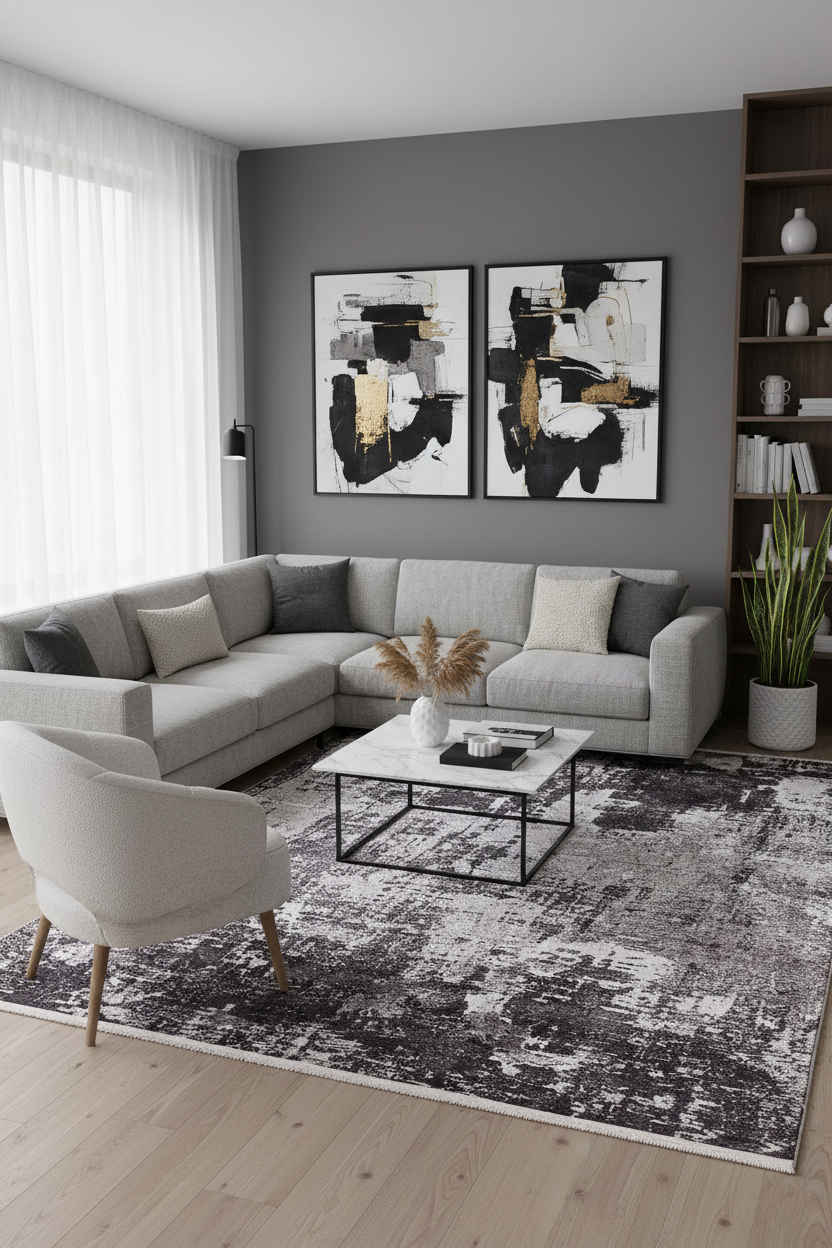 Koyu Füme ve Gri Soyut Sanat Halısı | Geçişli Efektli Modern Kilim