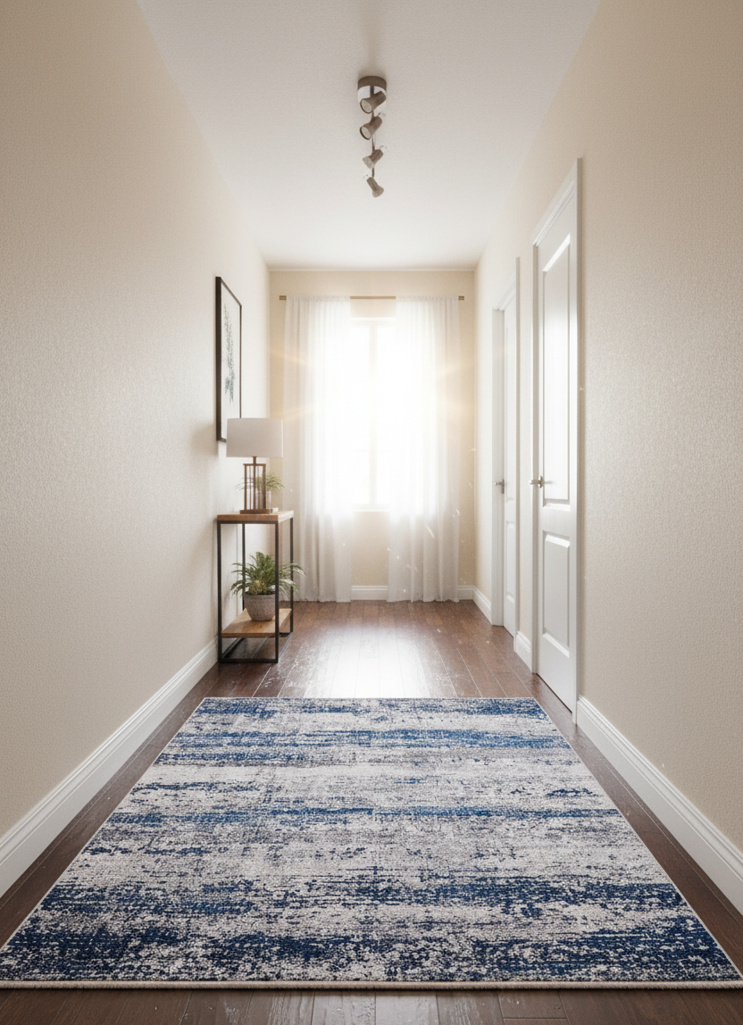 Mavi, Beyaz ve Gri Soyut Sanat Halısı | Geçişli Efektli Modern Kilim