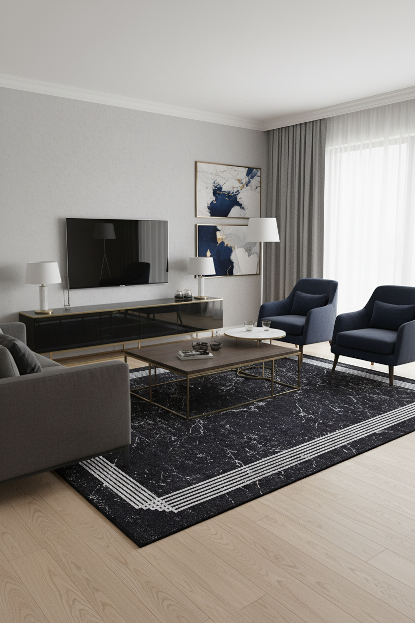 Modern Black Carpet with Marble Pattern