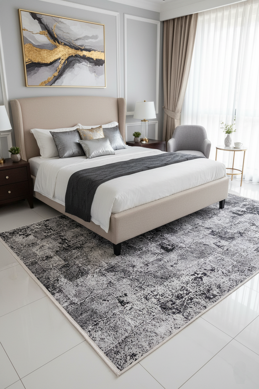 Siyah Beyaz Geçişli Soyut Halı | Modern Karo Efektli Tasarım Kilim
