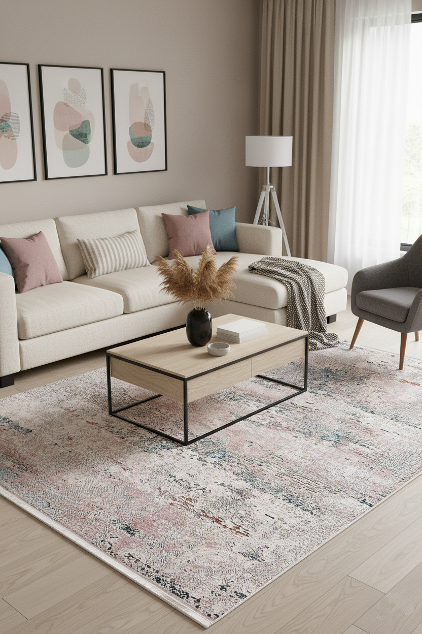 Pale Pink Cream Beige Geometric Patterned Kilim Rug