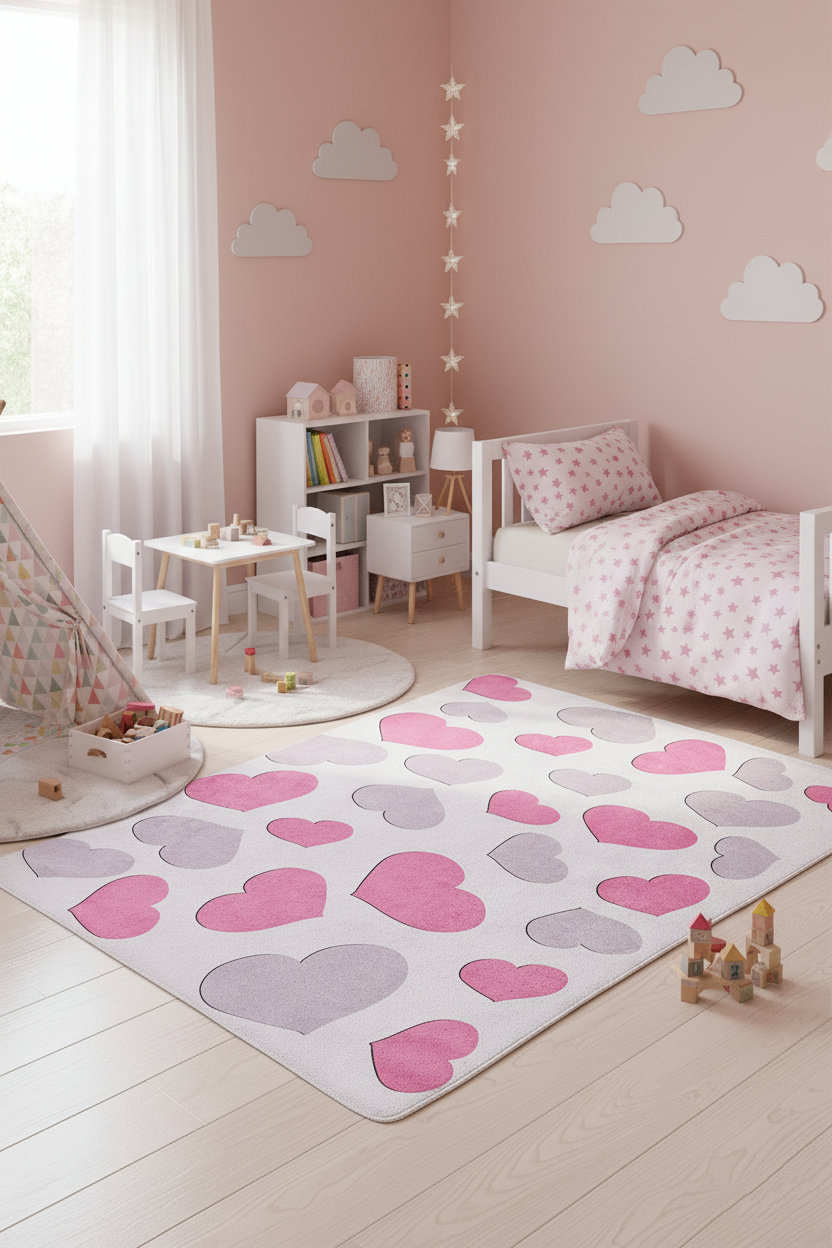 Kalp Desenli Pembe Çocuk Halısı