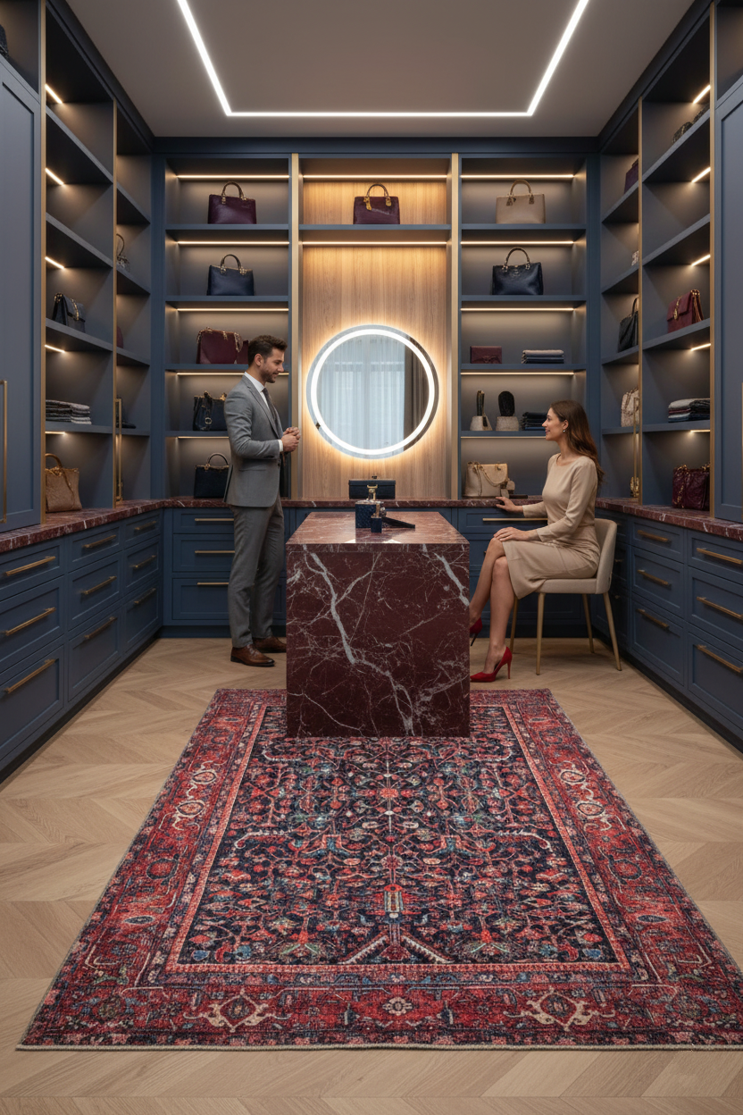 Marineblauer und brauner Vintage-Teppich mit Medaillonmuster