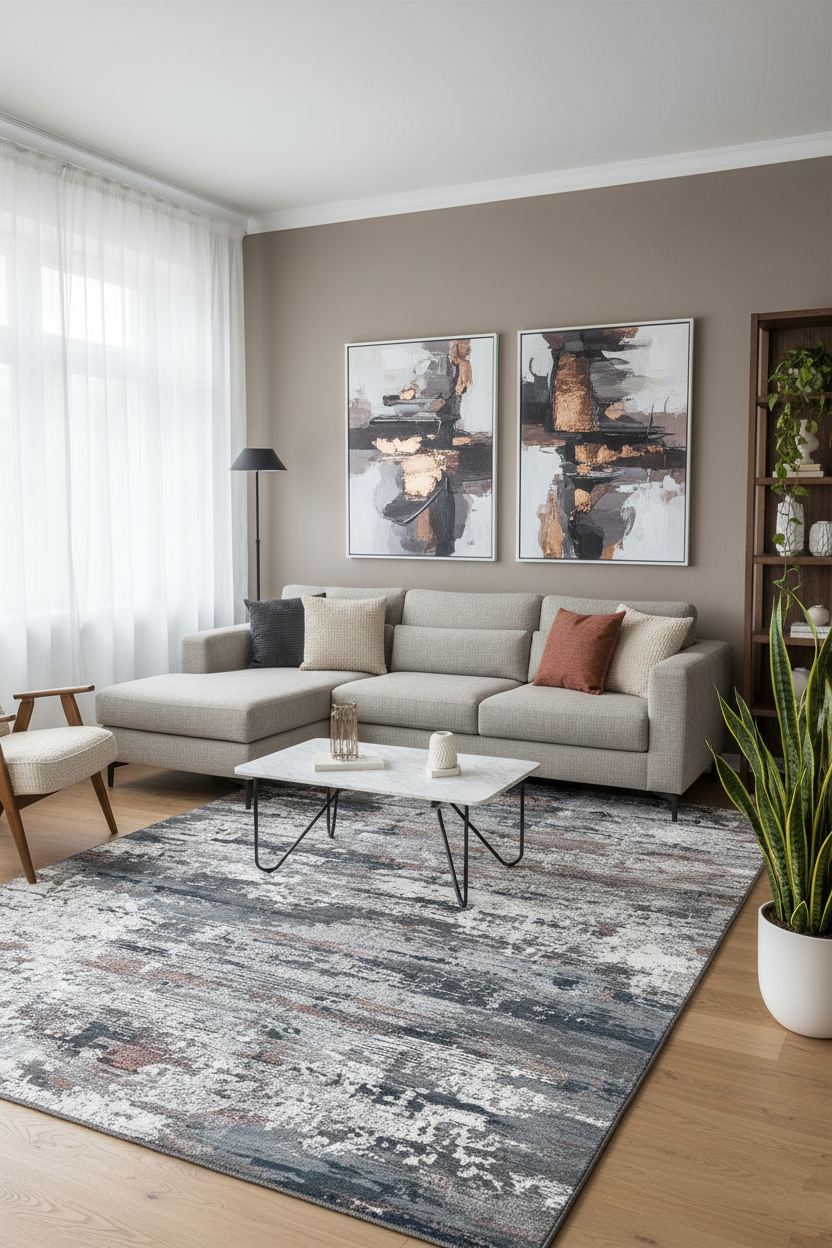 Gri, Beyaz ve Pas Tonlarında Soyut Sanat Halısı | Modern Geçişli Efektli Kilim