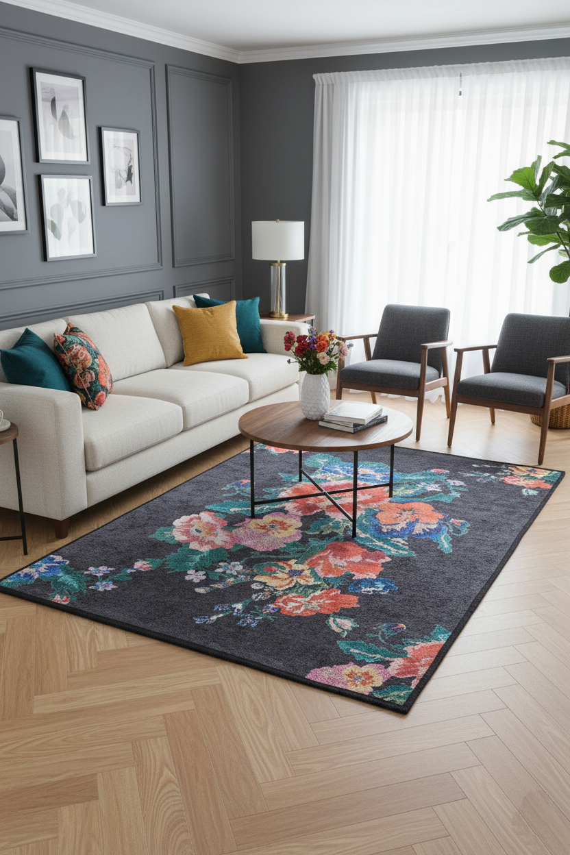 Karabakh Rose Patterned Black Carpet