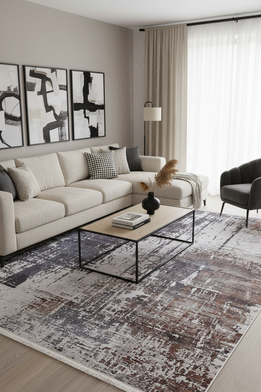 Kahve, Gri ve Beyaz Soyut Sanat Halısı | Modern Endüstriyel Efektli Kilim