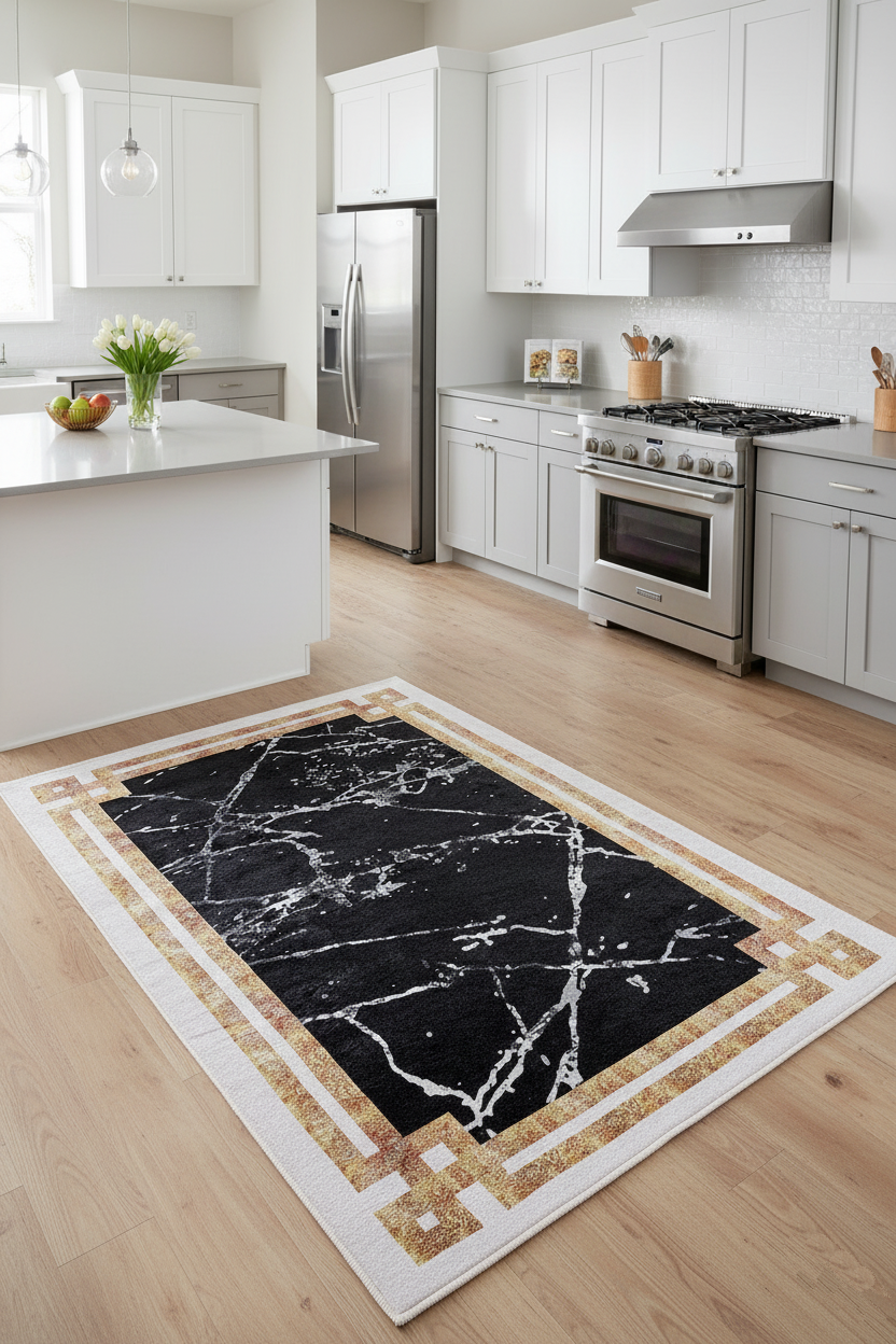 Black and White Marble-Style Bordered Geometric Rug
