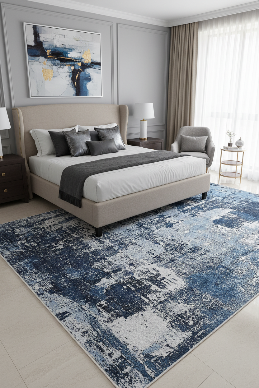 Lacivert ve Beyaz Yoğun Soyut Sanat Halısı | Modern Geçişli Efektli Kilim