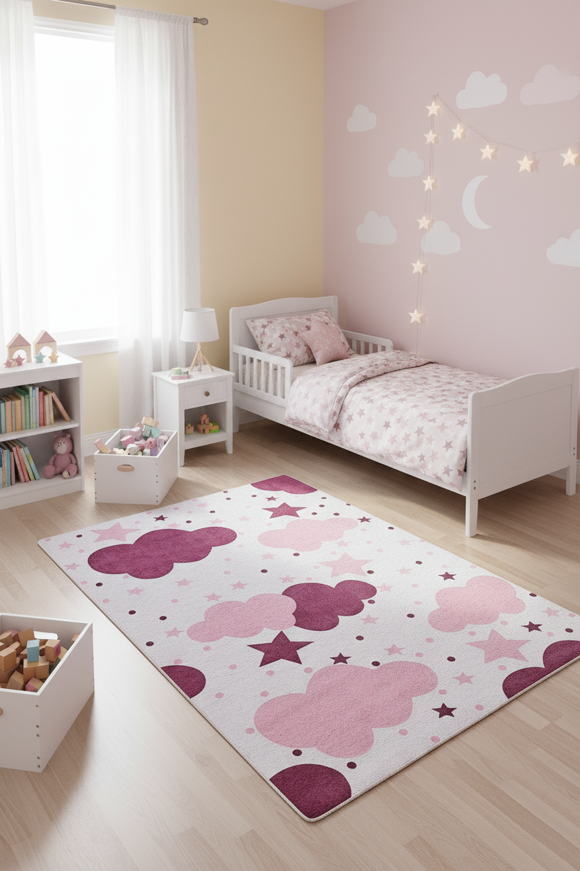Cloud Star Pink Cream Children's Rug