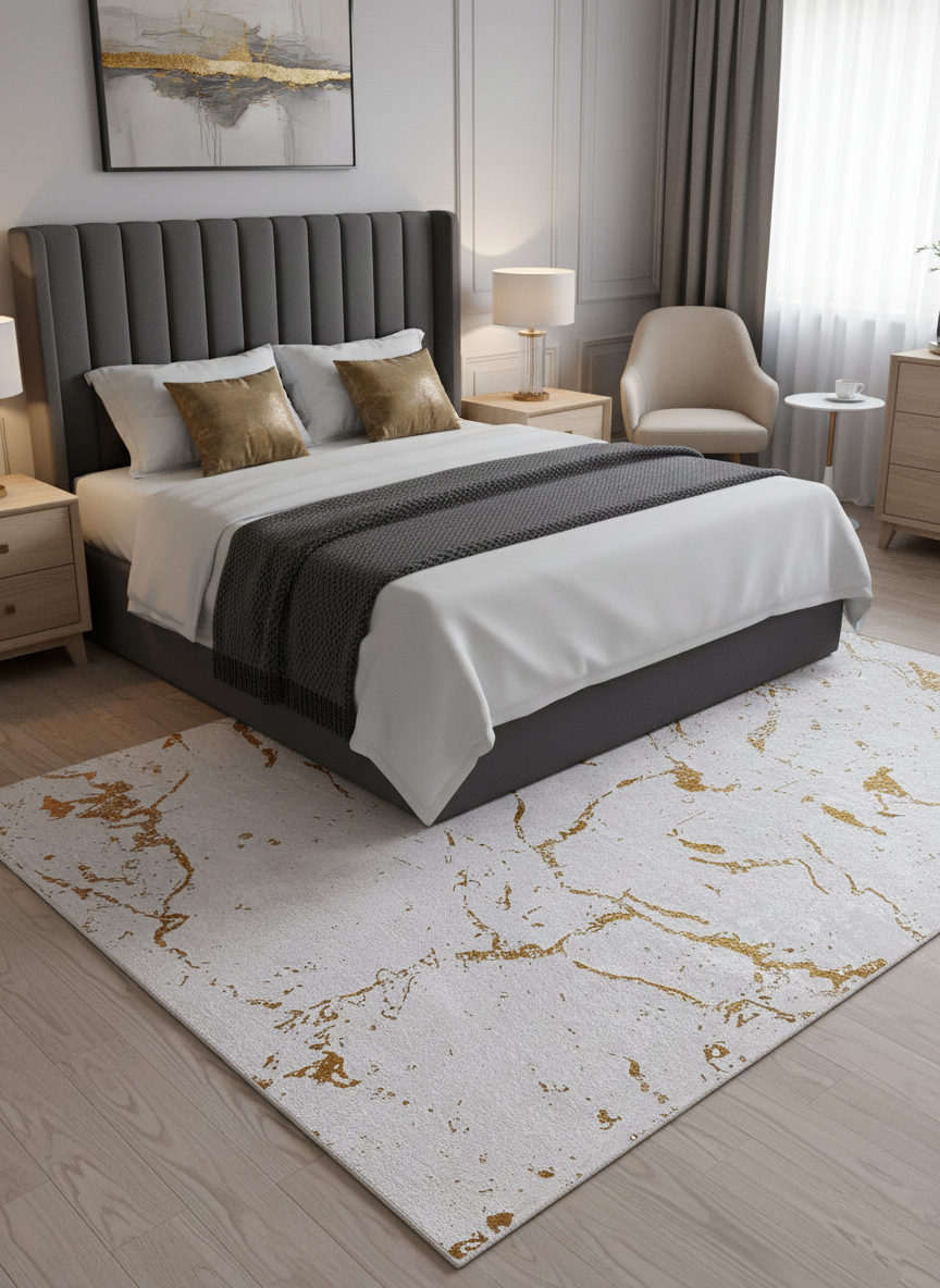 Mermer Desenli Krem Altın Modern Halı