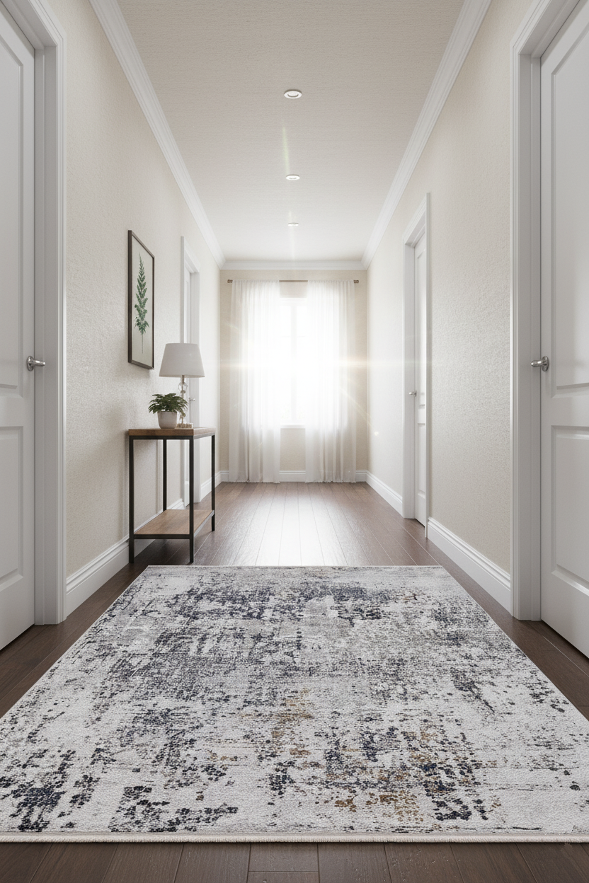 Beyaz/Bej Zemin Üzerine Lacivert & Kahve Soyut Sanat Halısı | Modern Geçişli Kilim