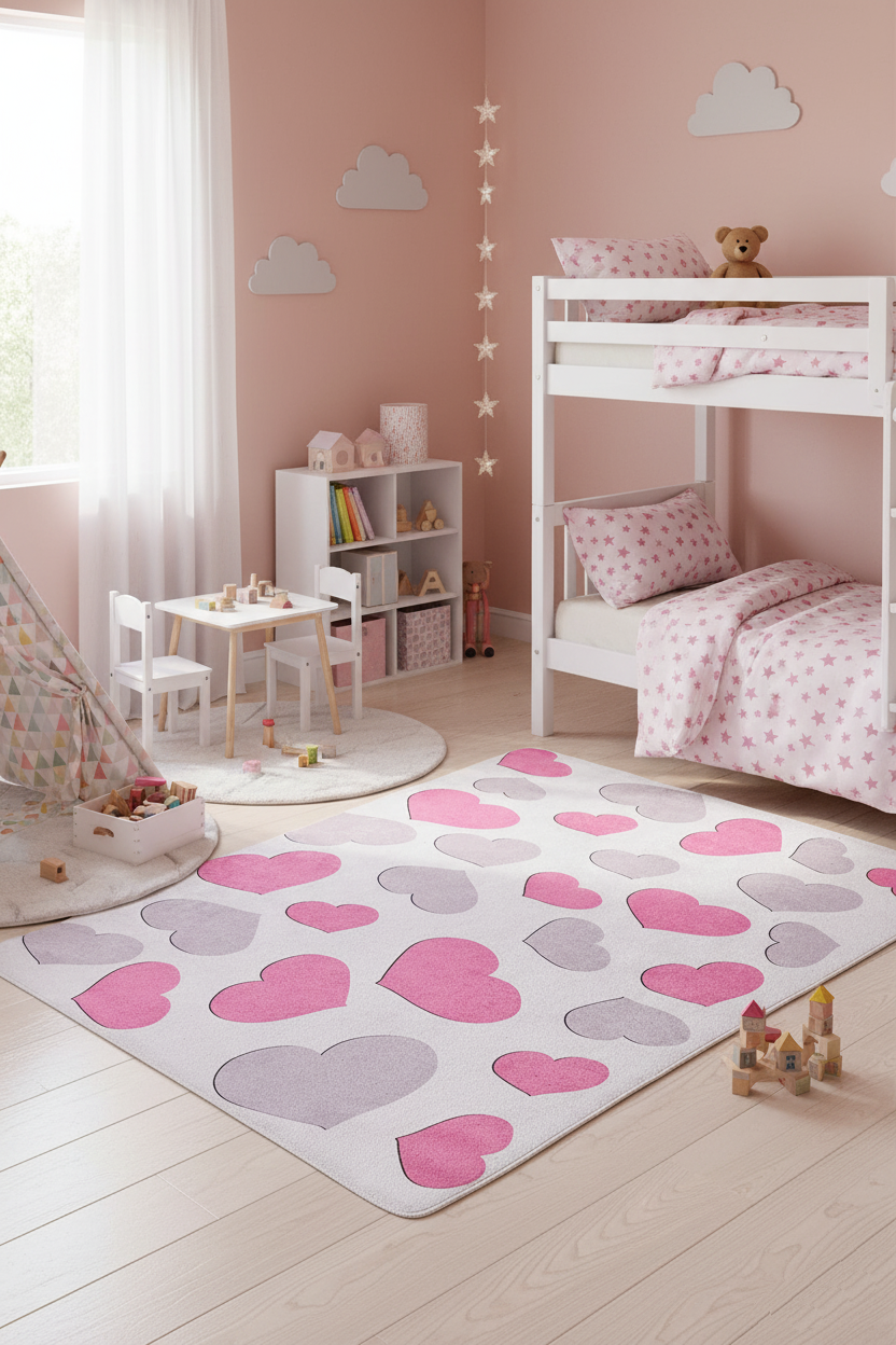 Pink Children's Carpet with Heart Pattern