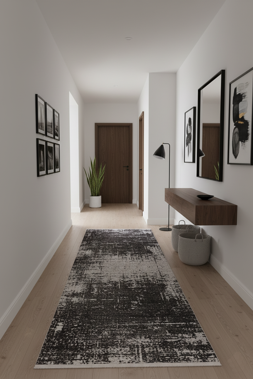 Koyu Füme ve Gri Soyut Sanat Halısı | Geçişli Efektli Modern Kilim