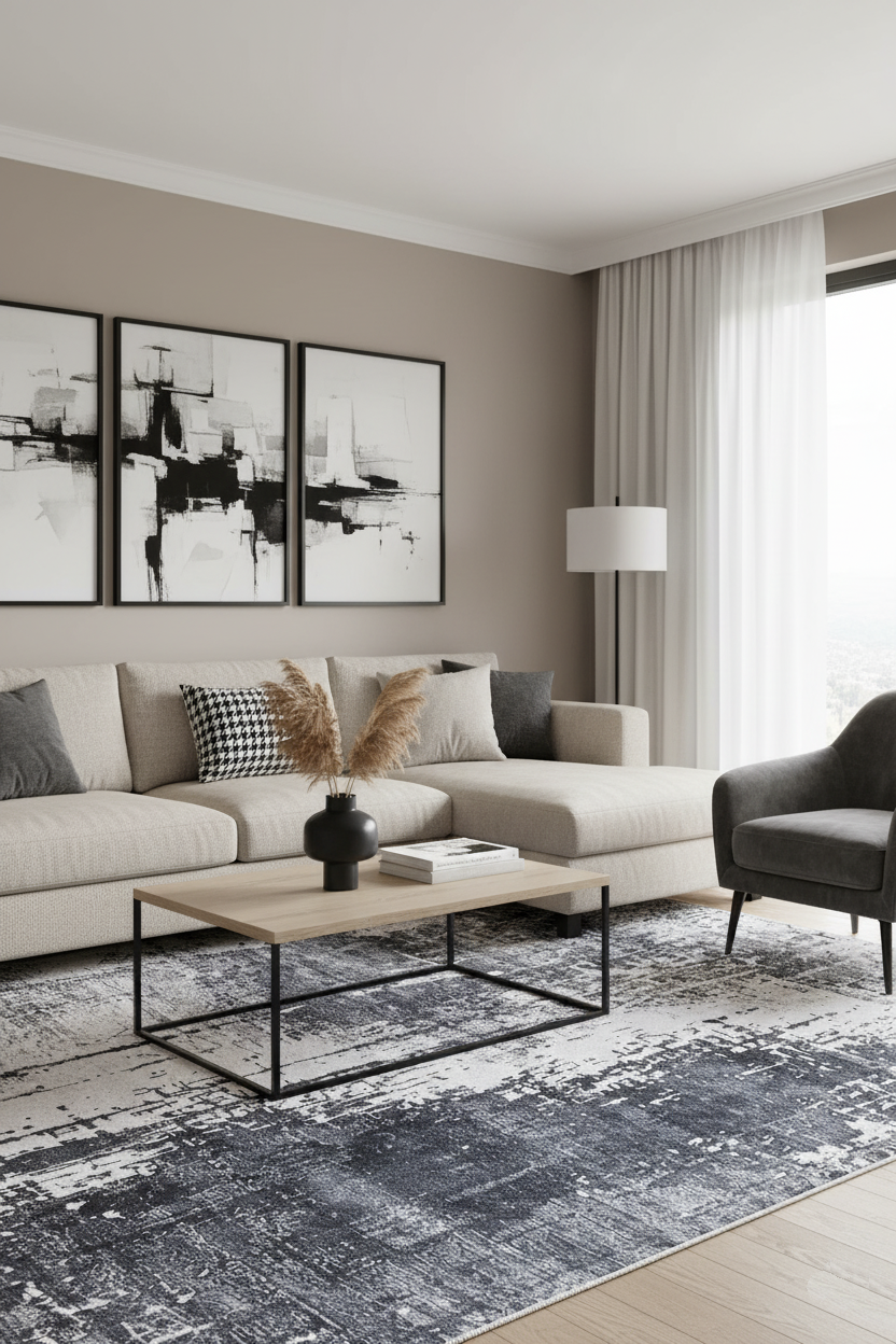 Siyah, Füme ve Beyaz Soyut Sanat Halısı | Modern Endüstriyel Efektli Kilim