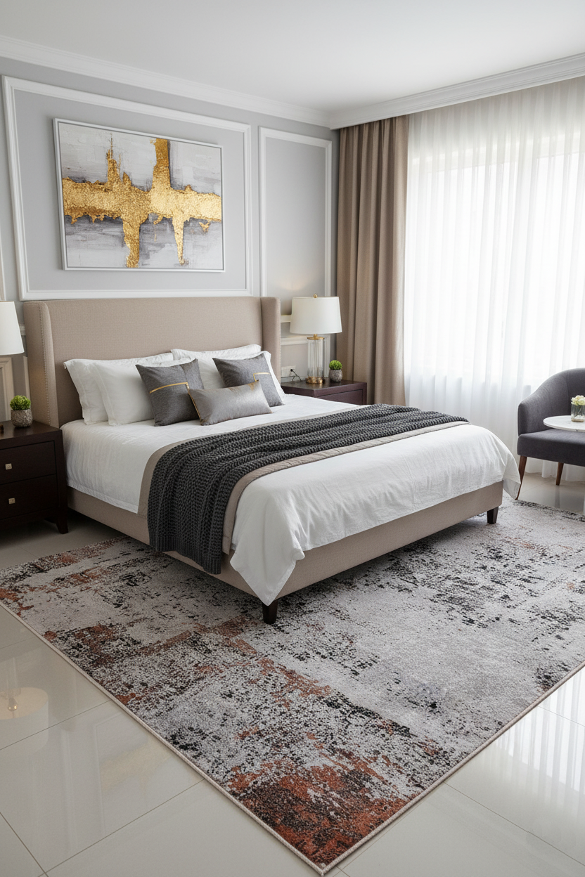 Beyaz, Pas ve Siyah Soyut Sanat Halısı | Modern Endüstriyel Efektli Kilim