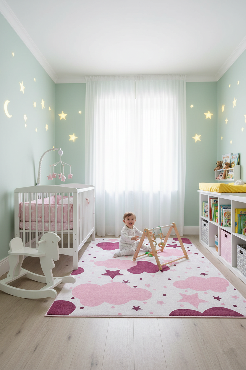 Cloud Star Pink Cream Children's Rug