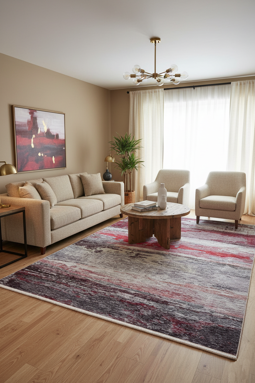 Canlı Kırmızı ve Gri Soyut Sanat Halısı | Modern Geçişli Tasarım Kilim