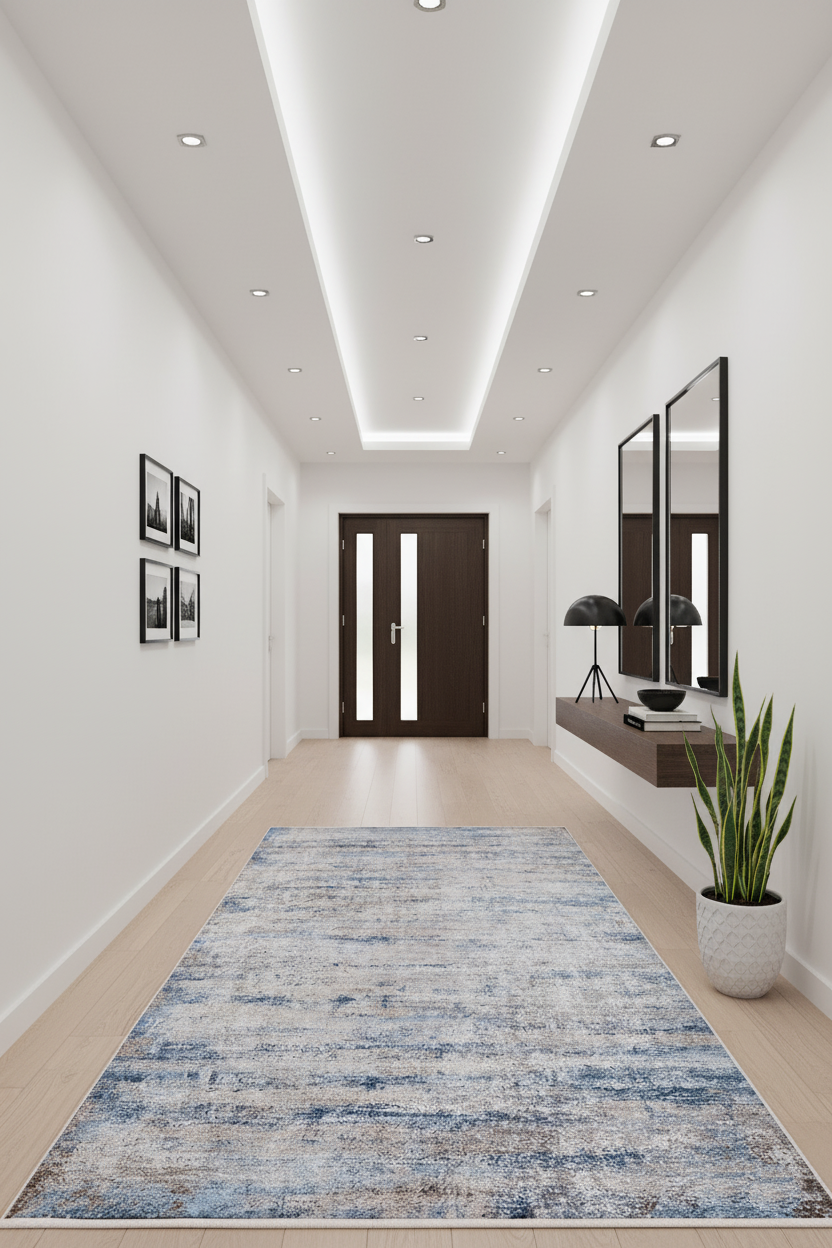 Gri, Bej ve Mavi Soyut Sanat Halısı | Modern Geçişli Efektli Kilim