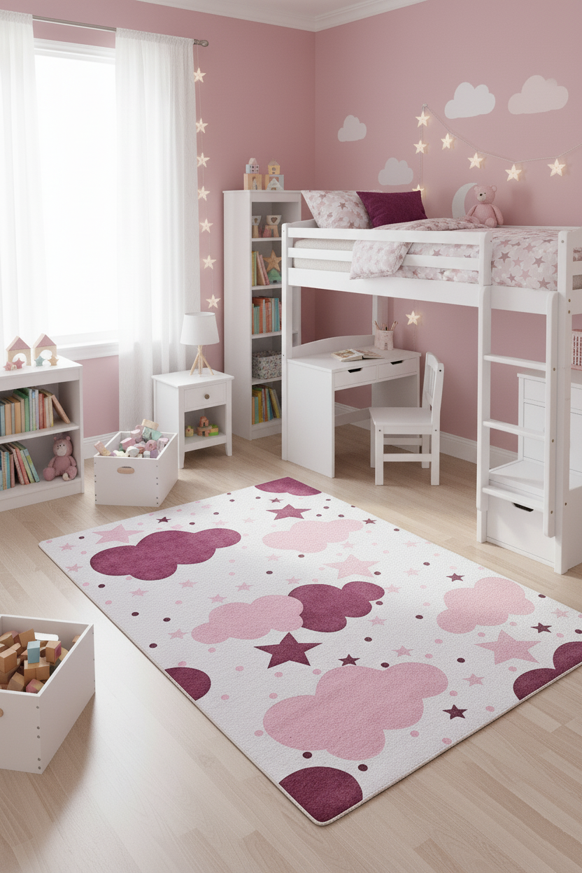 Cloud Star Pink Cream Children's Rug