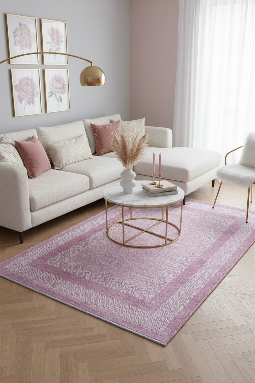 Modern Yıkanabilir Antibakteriyel Salon Halısı – Pembe, Pamuk & Polyester