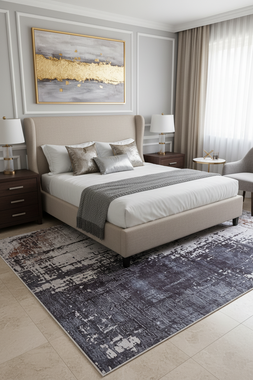 Kahve, Gri ve Beyaz Soyut Sanat Halısı | Modern Endüstriyel Efektli Kilim