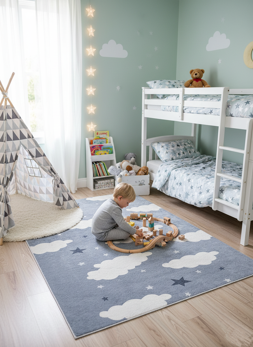 Gray Children's Rug with Cloud and Star Pattern