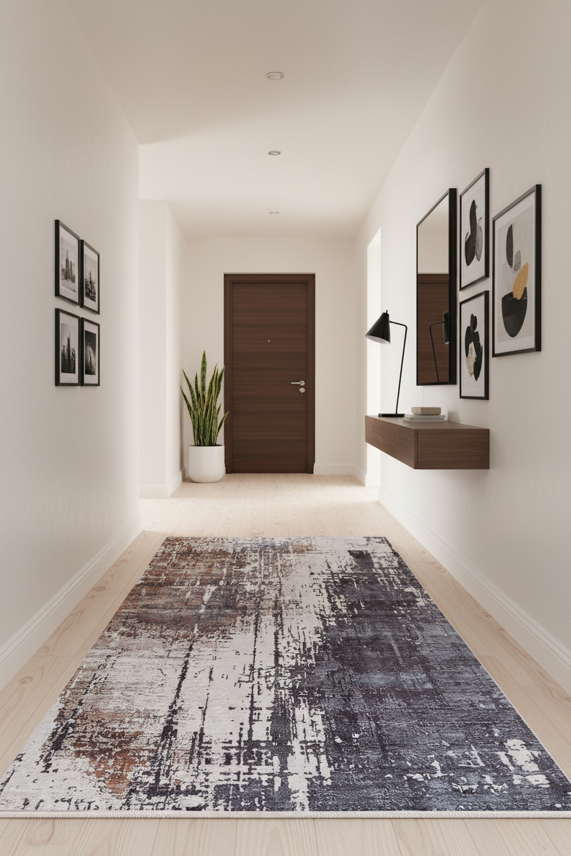 Kahve, Gri ve Beyaz Soyut Sanat Halısı | Modern Endüstriyel Efektli Kilim