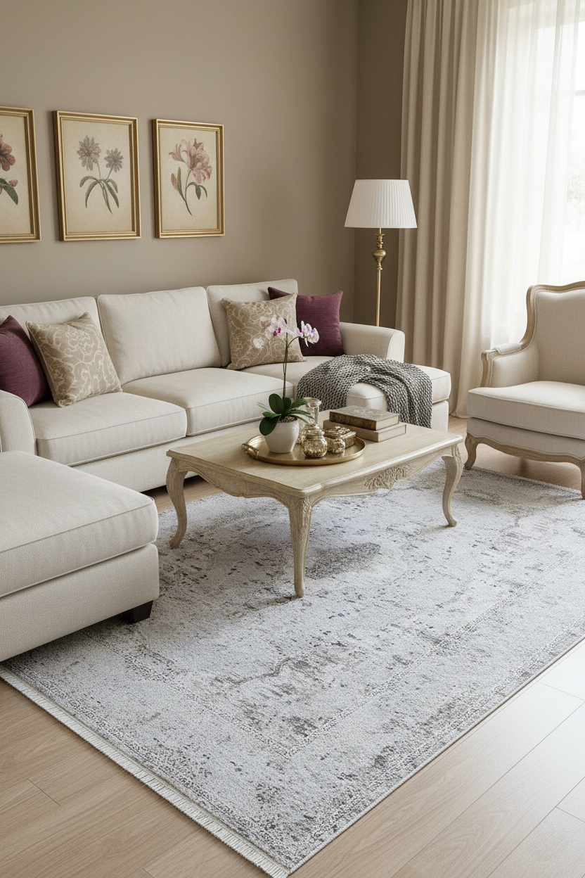 Açık Gri Vintage Desenli Yıkanabilir Halı | Modern Eskitme Efektli Kilim