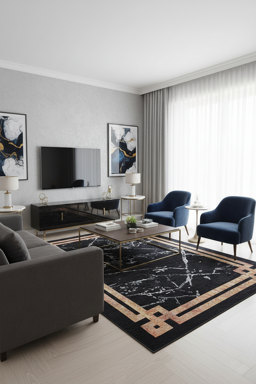 Black and White Marble-Style Bordered Geometric Rug