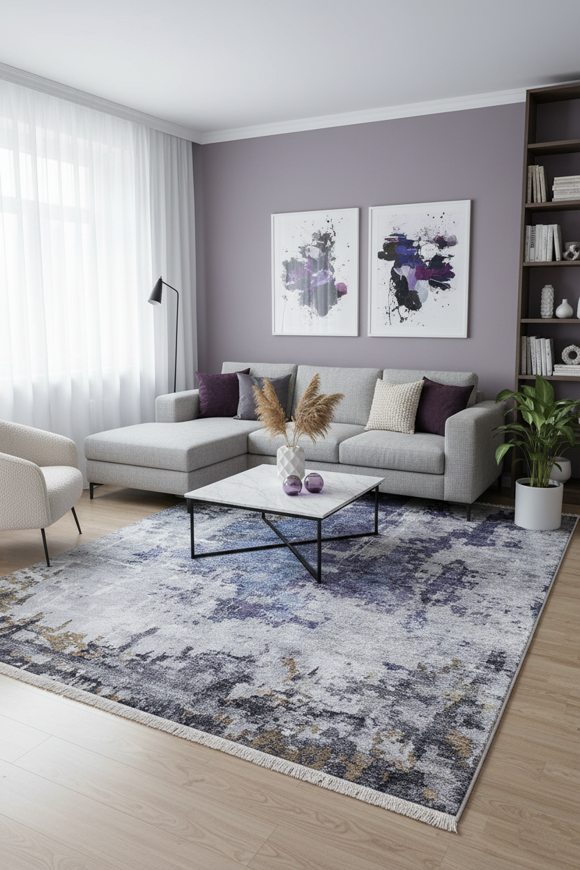 Mor ve Gri Soyut Sanat Halısı | Modern Geçişli Efektli Kilim