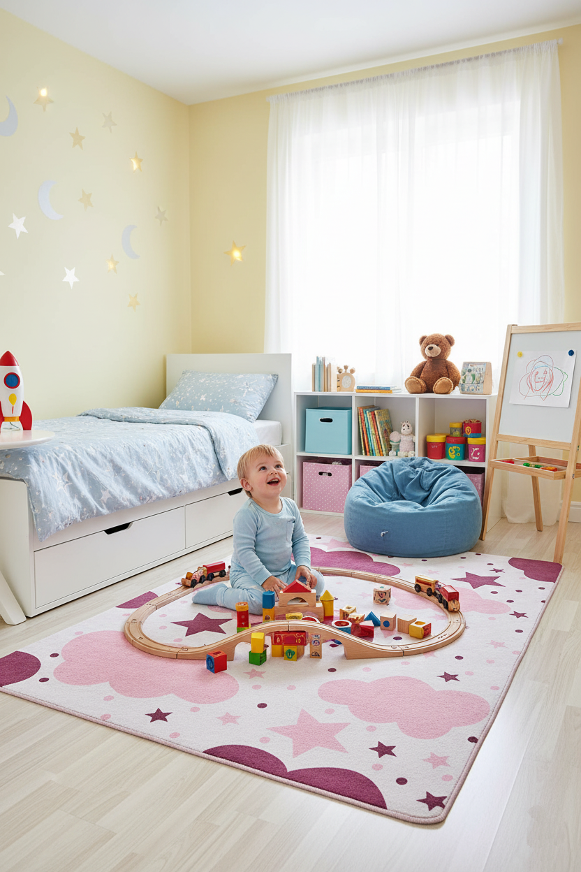 Cloud Star Pink Cream Children's Rug