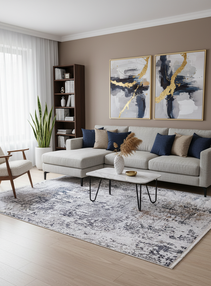 Beyaz/Bej Zemin Üzerine Lacivert & Kahve Soyut Sanat Halısı | Modern Geçişli Kilim