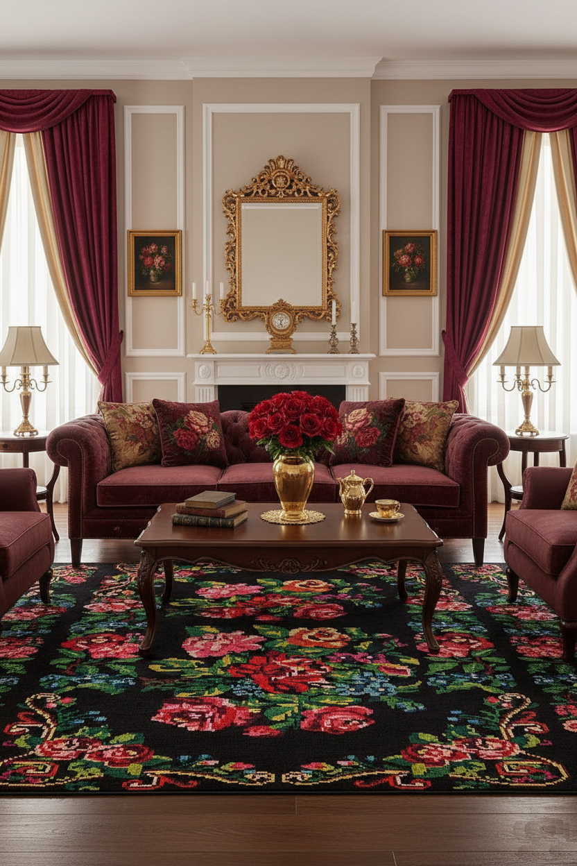 Black Rose Patterned Karabakh Kilim Carpet