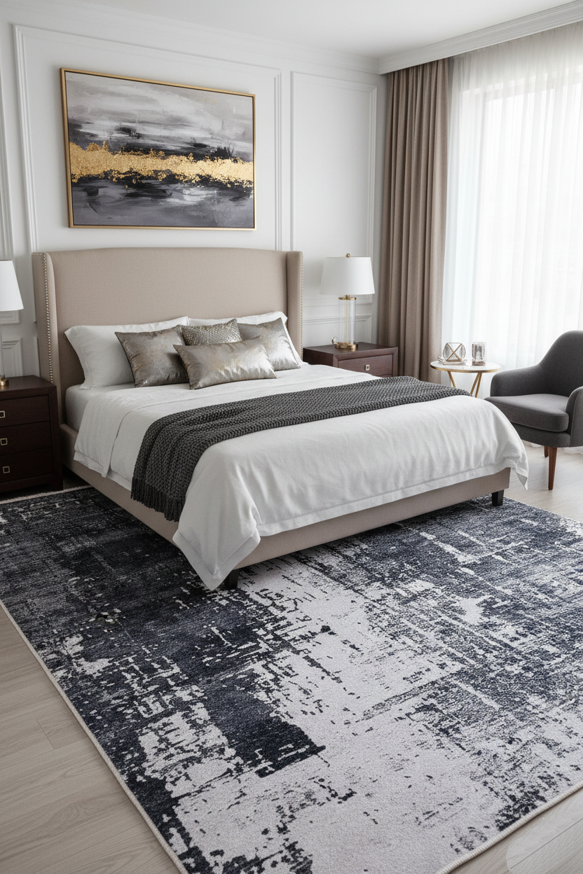 Siyah, Füme ve Beyaz Soyut Sanat Halısı | Modern Endüstriyel Efektli Kilim